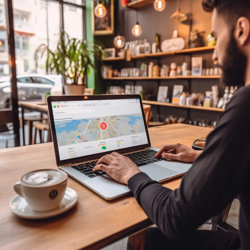 a local business owner sitting at the desk in their office looking at the screen of their macbook pro laptop trying to figure out how to create a Google Business Profile for their company. 