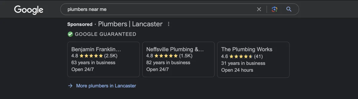 Plumbers near me search engine results showing Google Local Service Ads