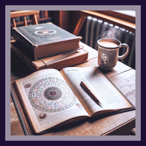 open astrology text next to cup of coffee
