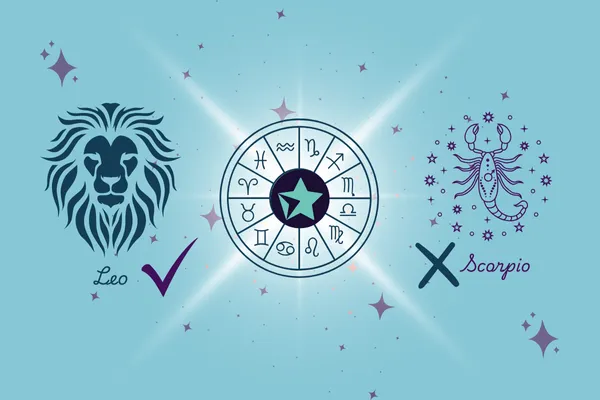Image of the 12 signs on the astro wheel. THe Consult the Sky star is in the center. on the left an image of the Lion and Leo with check mar and on the right a Scorpion and Scorpio and an X k