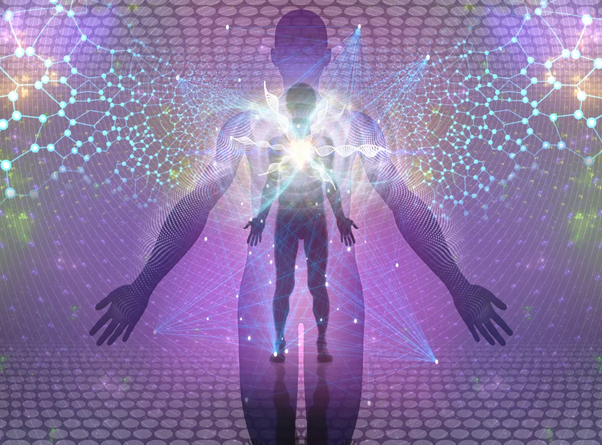 Purple glowing background, an outline of a human emanating light.