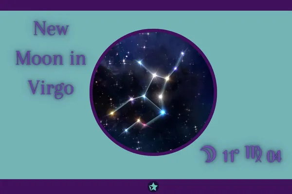 New Moon 11 degrees 4 minutes of virgo, an image of the constellation of Virgo in the middle