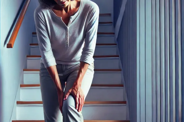 Woman in her home, standing at the bottom of the stairs, holding her painful knee.