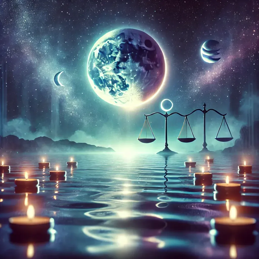 Image of a Moon over water with candles and scales floating on the Moon lit water