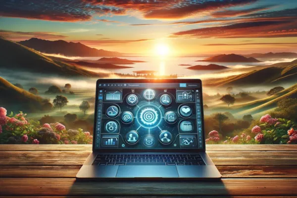 A serene landscape at dawn symbolizing a new beginning in content marketing, with an open laptop on a rustic wooden table showcasing a sophisticated content management dashboard. The calm dawn light reflects the harmony and consistency achieved in content strategy through Stacked Marketing.