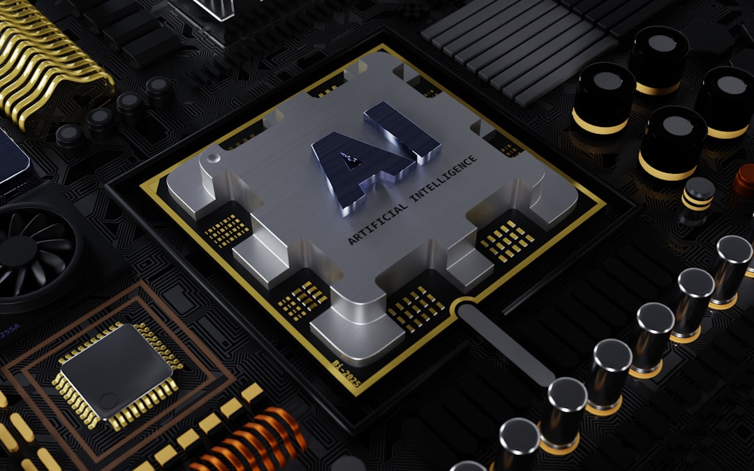 Close-up view of a computer microchip with the letters 'AI' and the words 'Artificial Intelligence' engraved on it, surrounded by intricate circuitry and electronic components.