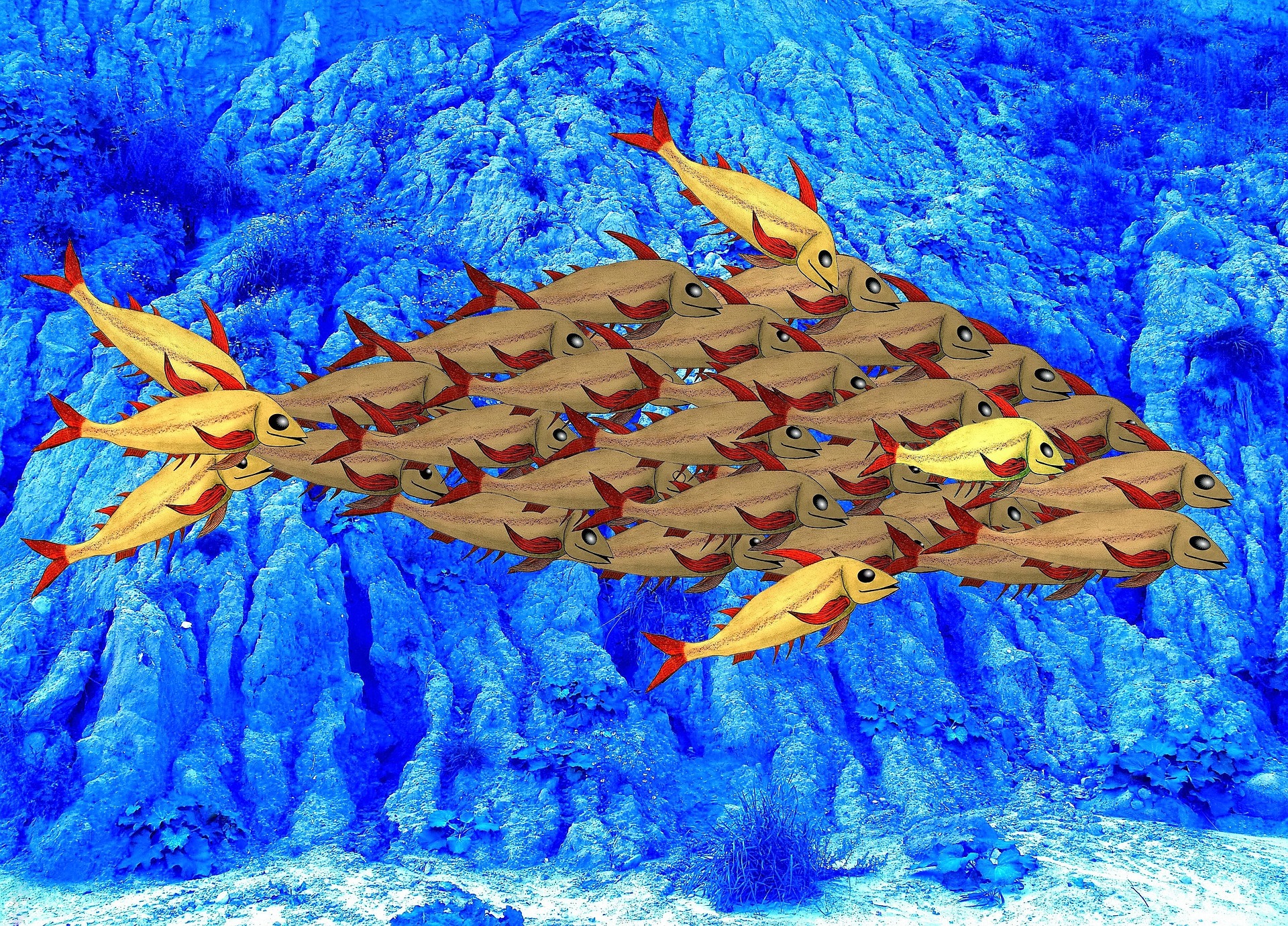 Pesci che si uniscono a formare un unico pesce, simbolo di incontro e connessione tra persone