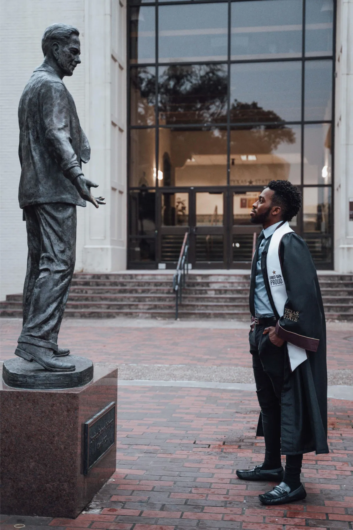 Graduation photos capturing the graduate's personality and achievements at Texas State University.