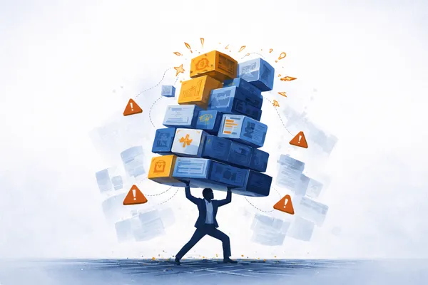 Illustration of a founder struggling to hold up an unstable stack of business system blocks, symbolizing founder dependency as a system failure rather than a leadership issue.