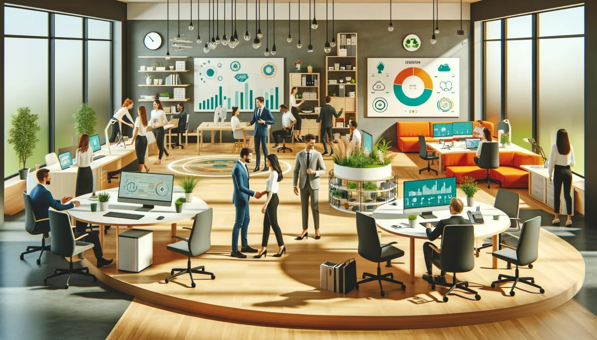 images depicting a dynamic small business environment with various elements that represent key strategies such as advanced technology, sustainable practices, collaborative meetings, and happy employees. The scene conveys a sense of innovation, community, and employee focus.