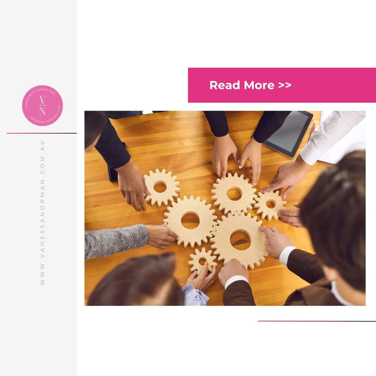 Team members collaborate around a table, each placing wooden gear pieces together to symbolize strategy and teamwork. Text overlay reads: ‘Lessons From CentaCare’s Exit.’ Branding for Vanessa Norman Coaching & Consulting is displayed on the left side.