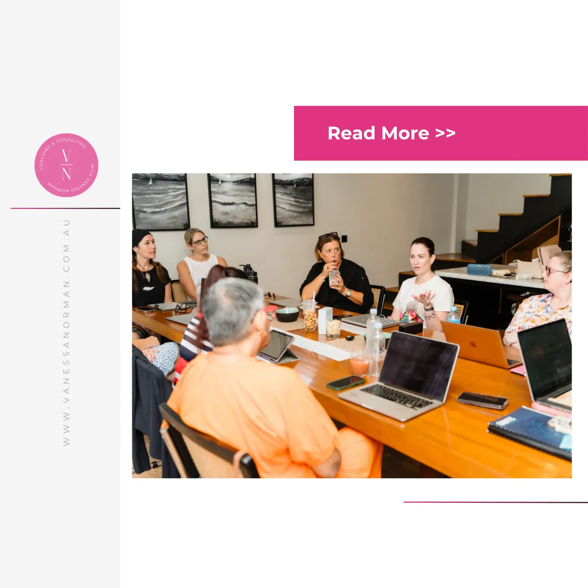 A group of business professionals sitting around a table with laptops and notebooks, engaged in discussion during a workshop. Text overlay reads: ‘How Providers Can Adapt and Protect Their Business.’ Branding for Vanessa Norman Coaching & Consulting is displayed on the left side.