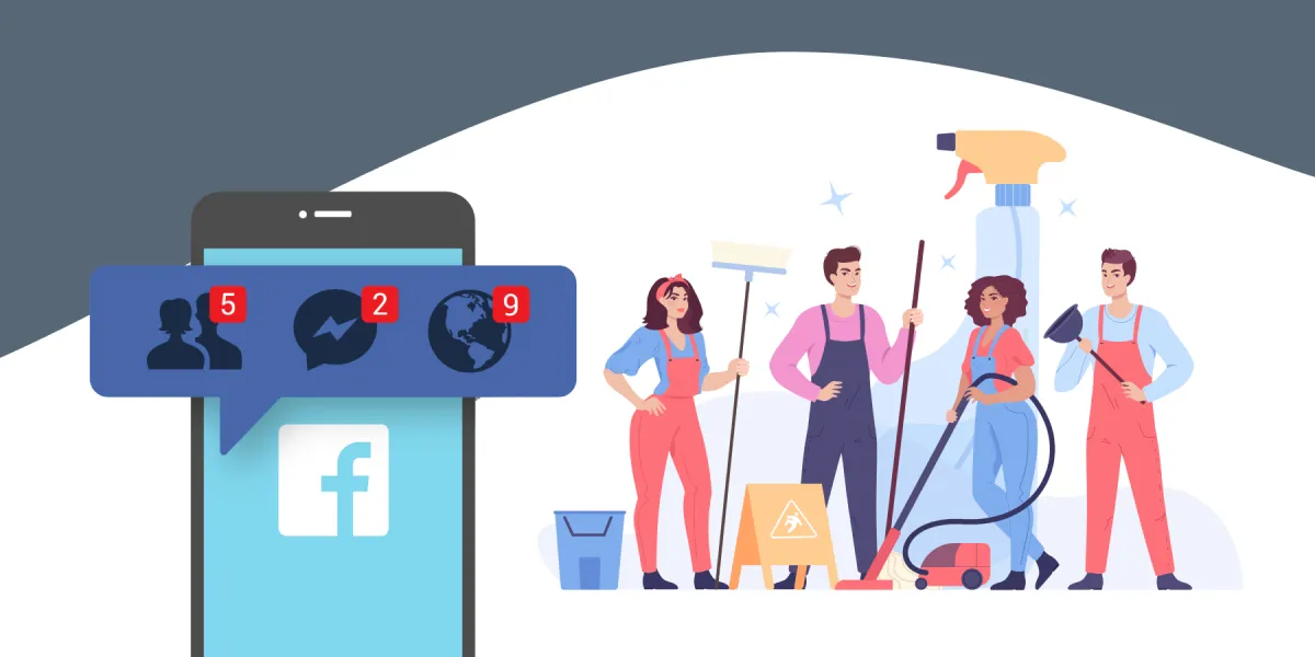 Graphic of home service workers and business owners holding tools next to a phone with Facebook open getting notifications about new business.