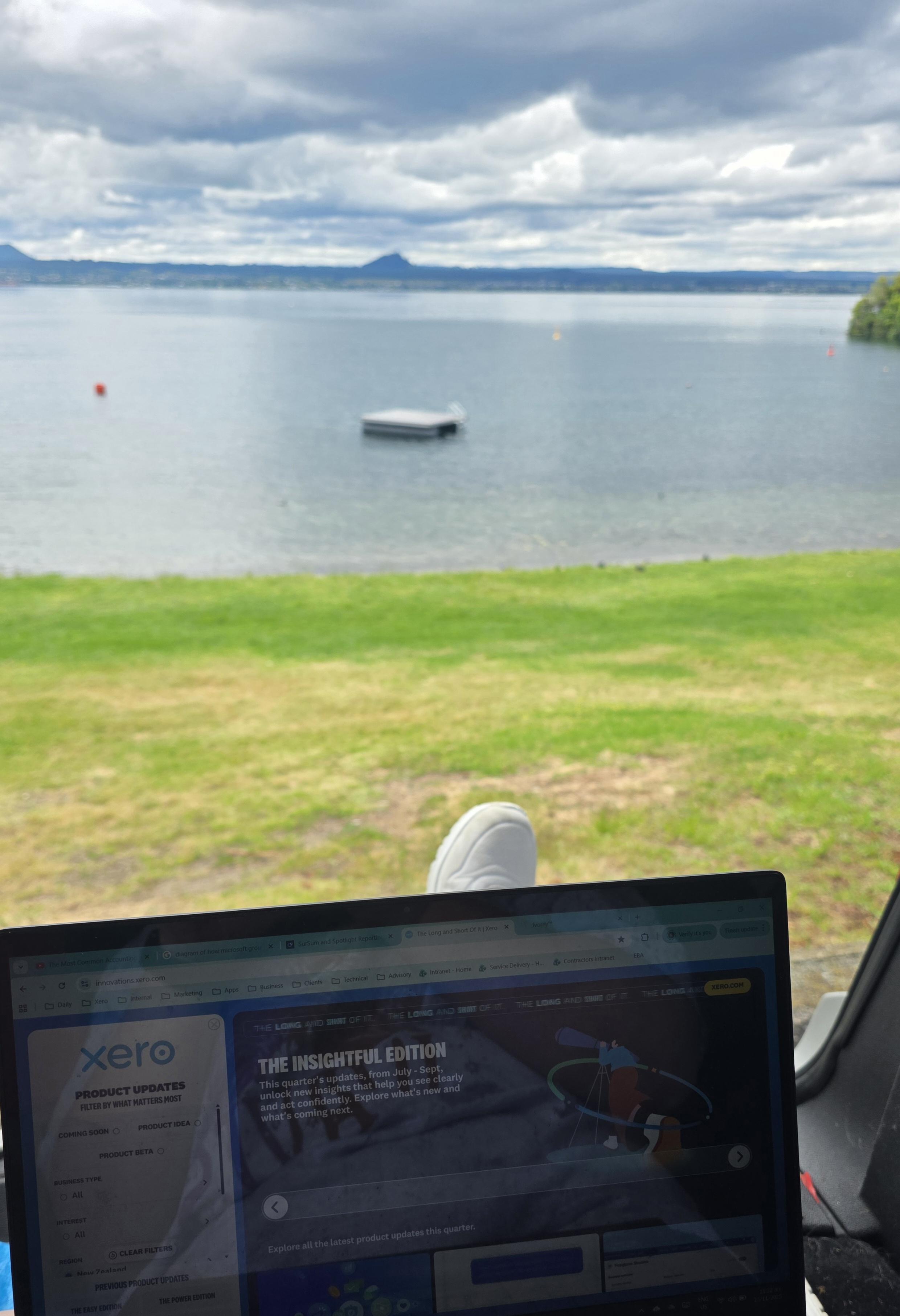 Working from the car beside the lake