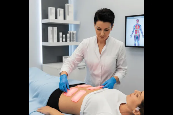 Lipo Light treatment pads placed on abdomen for non-invasive fat reduction