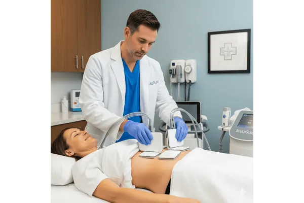 Medical professional performing SculpSure treatment on patient’s stomach.