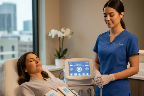 Patient undergoing non-invasive SculpSure body contouring treatment.