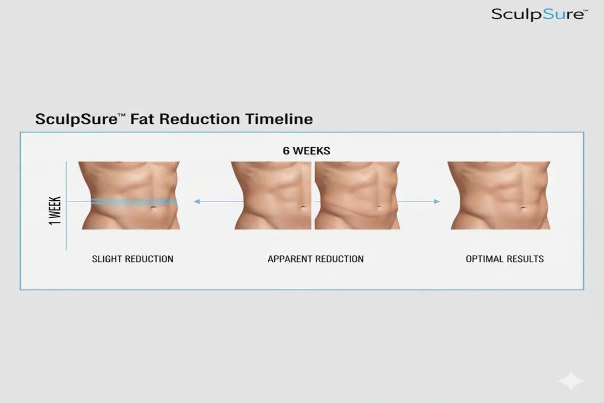 Infographic showing SculpSure treatment timeline with gradual fat reduction results