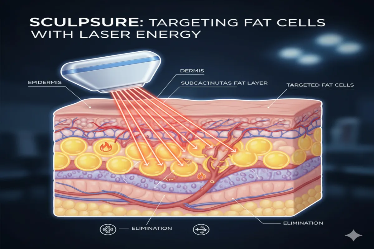 Diagram showing how SculpSure laser energy destroys fat cells without harming skin