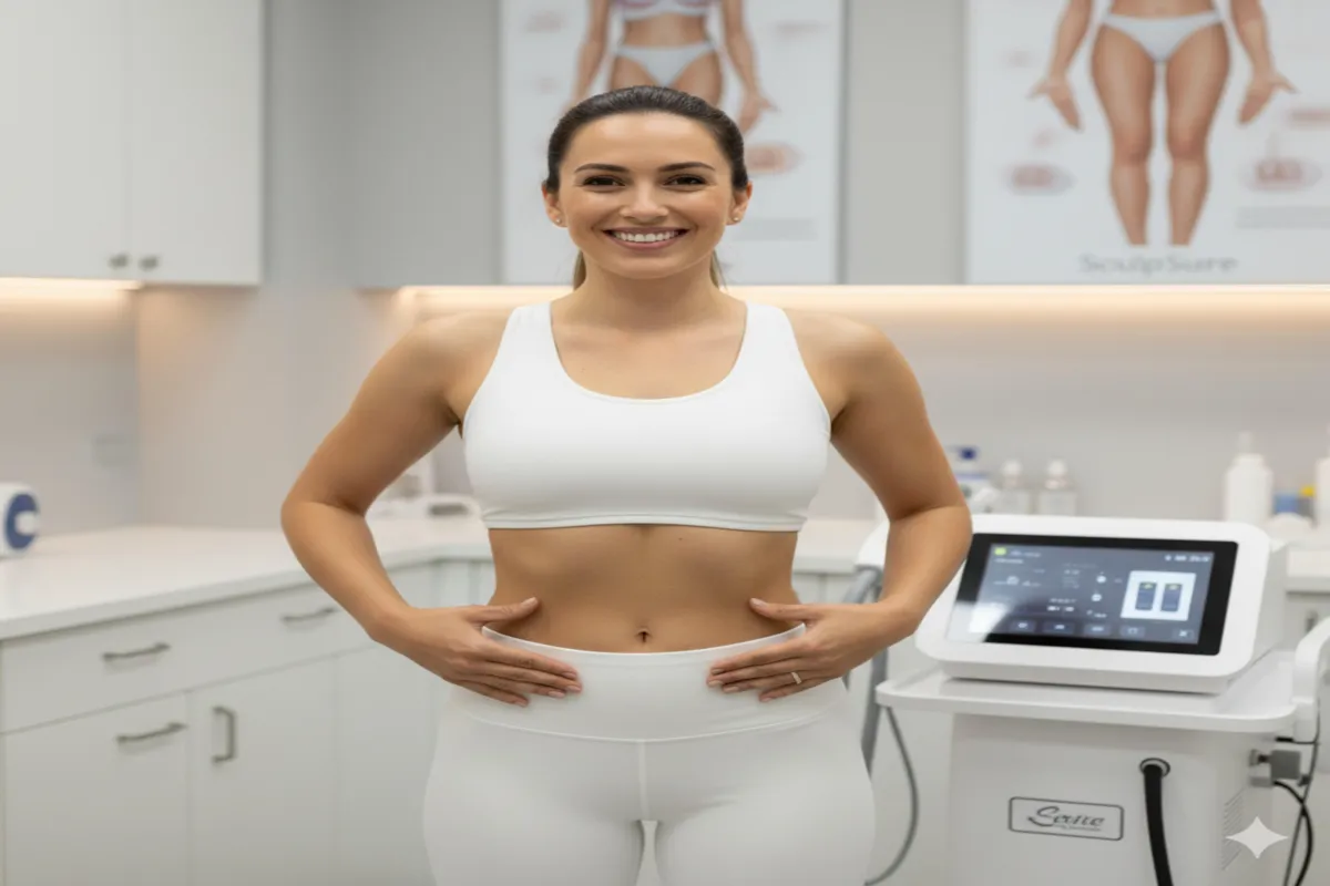 Woman showing flat stomach after non-invasive SculpSure fat reduction treatment