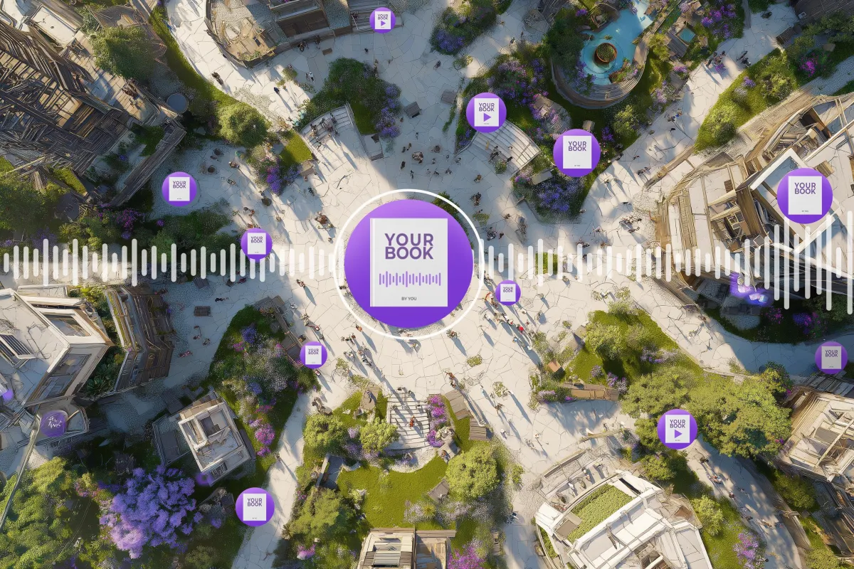 An image of an audiobook on a mobile device wearing headphones