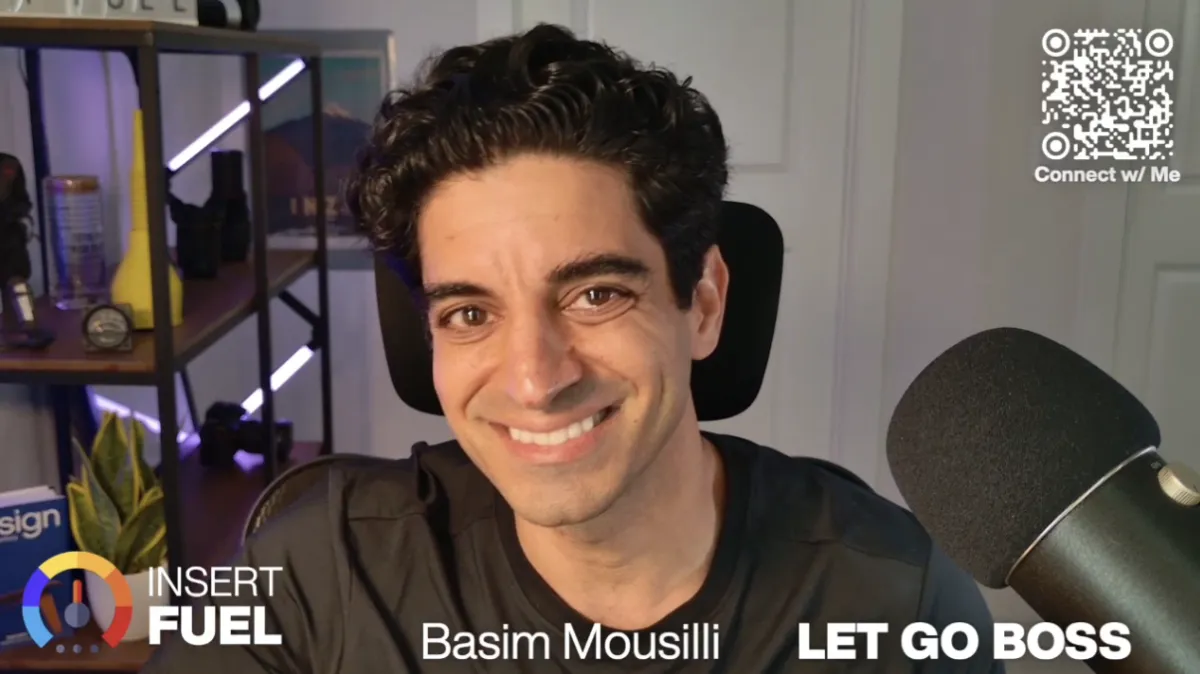 Basim demonstrating how to use Ecamm Live for group coaching and streaming, sharing screens and iPhone screen, with QR codes for quick purchases.