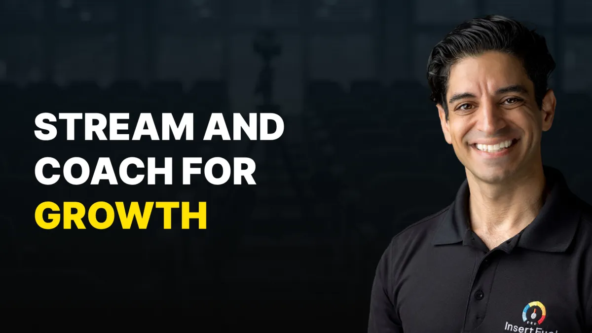 Basim demonstrating how to use Ecamm Live for group coaching and streaming, sharing screens and iPhone screen, with QR codes for quick purchases.