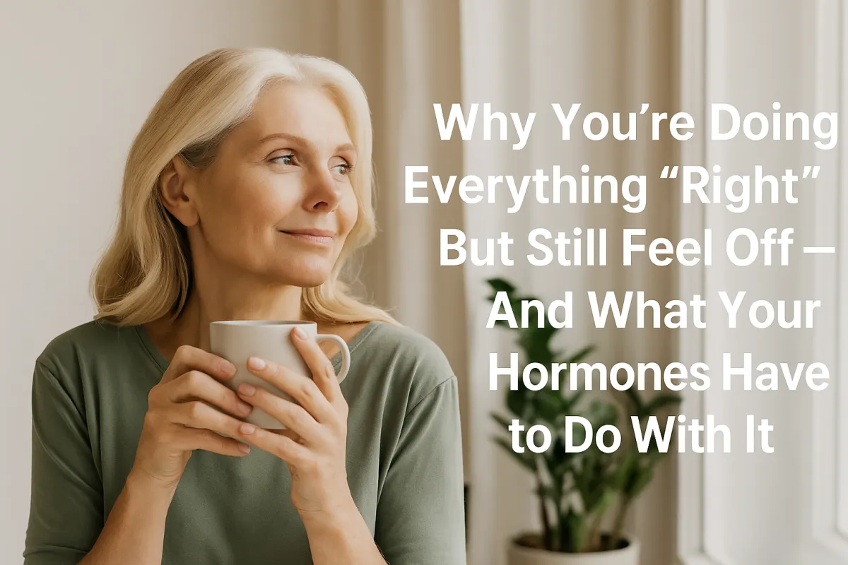 A calm midlife woman enjoying a morning coffee, looking energised and confident — representing hormone balance and vitality.