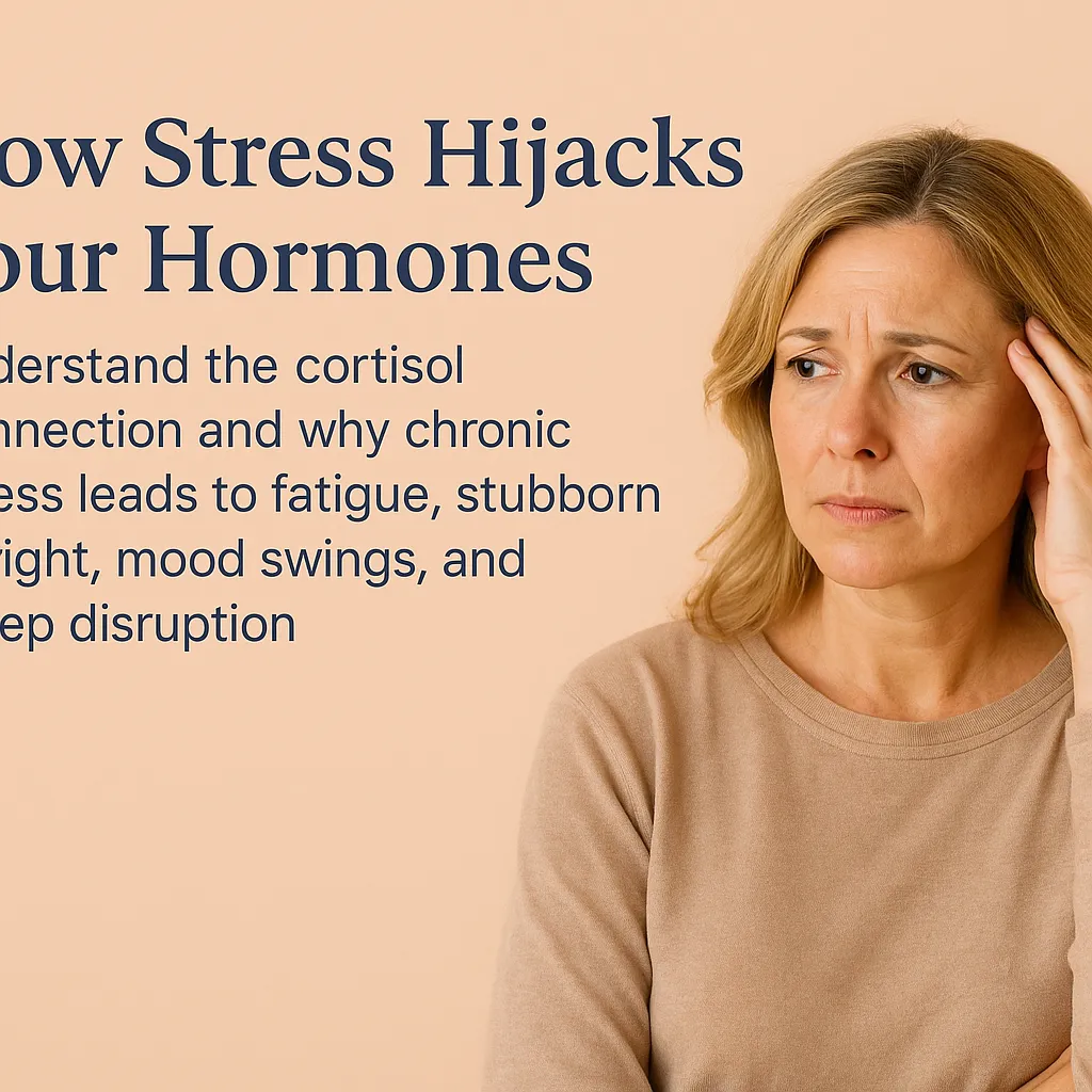 Midlife woman looking stressed next to title ‘How Stress Hijacks Your Hormones’ on peach background – blog header about cortisol, hormone imbalance and stress in women over 40.