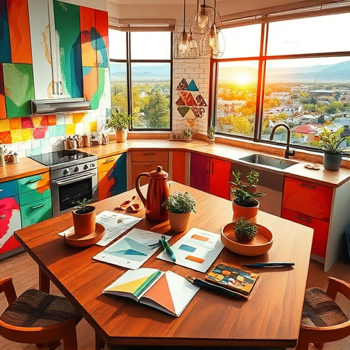 Alt text: A captivating blog cover image for home remodeling features a meticulously organized workspace on a rustic wooden table, showcasing an array of tools including hammers, paint cans, brushes, and blueprints, indicating an ongoing project. Vibrant color swatches are pinned to a corkboard, showcasing warm earth tones and soft pastels, contributing to a calm and inviting atmosphere. In the background, a half-finished room reveals a mint green wall and elegant floral wallpaper, illuminated by sunlight streaming through large windows, evoking a sense of optimism. Quirky details such as an antique clock, a cheerful potted plant, and a playful cat peeking from behind a paint can add warmth and personality. The image exudes a professional yet approachable mood, inspiring homeowners to envision their remodeling journeys with a realistic art style that highlights textures and a balanced color palette.