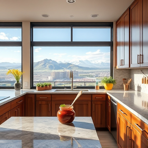 A stunning kitchen showcases luxurious quartz countertops, polished to perfection and reflecting vibrant hues of muted greens, deep purples, and soft grays. Above, a rustic wooden shelf holds artisanal jars of herbs, colorful spices, and handcrafted pottery, adding a cozy yet upscale feel. Rich, warm-toned cabinetry complements the quartz, while an ornate chandelier adorned with small crystals provides a whimsical touch without detracting from the countertops. Sheer curtains frame the windows, revealing a serene garden and inviting gentle sunlight into the space. A quirky ceramic cat perched on the countertop gazes at a tiny plant, infusing a playful element. A bowl of oversized, colorful fruit spills artistically across the countertop, contrasting beautifully with the natural elegance of the quartz. The overall mood blends refined sophistication with quirky charm, rendered in a High Renaissance art style that emphasizes rich textures and nuanced shadows, inviting viewers to immerse themselves in this elegant kitchen scene.