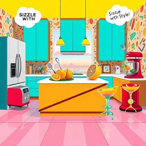 A contemporary kitchen scene in Herriman, Utah, featuring a spacious kitchen island with a sleek white quartz countertop adorned with delicate gray veining. Surrounding the island are chic bar stools with soft pastel cushions, creating a cozy gathering spot. The warm oak cabinetry contrasts with matte black hardware, exuding understated elegance. Scattered playful kitchen gadgets, including a cactus-shaped salt and pepper shaker, add personality. A stylish vintage-style mixer sits beside a bronze fruit bowl filled with colorful organic fruits, providing vibrant accents. A thriving potted herb garden on the windowsill brings rich greens, while bright sunlight streams through large energy-efficient windows, creating a warm glow. Minimalist artwork inspired by Utah's landscapes decorates the walls, featuring abstract representations of the Wasatch Range. The color palette balances soft pastels and earthy tones, establishing a calm and cheerful atmosphere. In the background, a glimpse of an outdoor patio reveals rugged mountains and blue skies, adding to the inviting ambiance. This digital artwork embodies modernity and comfort, inspiring readers to envision their kitchen upgrades while celebrating the charm of Herriman.