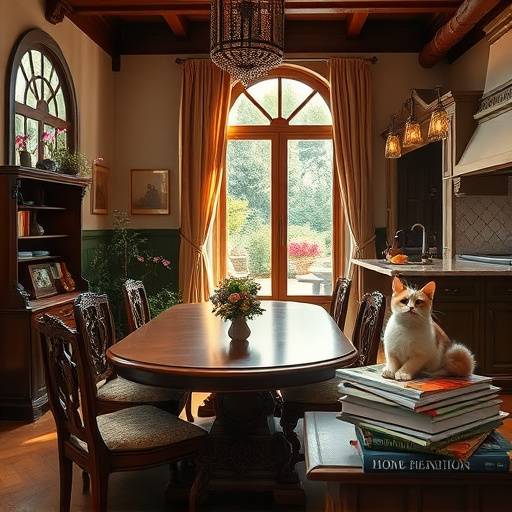 Photorealistic image of an inviting kitchen interior featuring elegantly crafted cherry wood cabinets with intricate carvings. The cabinets are slightly open, displaying an organized array of colorful kitchen essentials, including glass jars filled with spices, vibrant dishware, and neatly stacked cookbooks. The warm atmosphere is enhanced by soft, golden light filtering through a nearby window, creating gentle shadows that emphasize the texture of the wood. Quirky elements like a tiny watering can on a shelf, a bright blue ceramic frog among teacups, and a playful oversized spoon against the countertop add charm. The cozy background includes patterned tiles, potted herbs on the windowsill, and a vintage clock on the wall, contributing to a homely, creative culinary environment. The color palette features warm browns, soft greens, and hints of cheerful reds, inviting viewers into this personal and lived-in kitchen space.