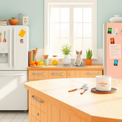 A serene kitchen scene featuring elegantly lowered wooden countertops designed for accessibility. The countertop is adorned with colorful kitchen utensils, vibrant fruits, and a variety of cookbooks, hinting at culinary exploration. A playful cat peeks from behind a bowl of fruit, while a cheerful plant adds a touch of life and comfort. The mood is calm and inviting, with a blend of soft pastel colors in the background, reminiscent of a ColorFieldPainting, accented by bold splashes of sunny yellow and coral. Quirky magnets on the refrigerator and a humorous coffee mug enhance the whimsical atmosphere. Natural light streams through a window, illuminating the countertop and creating a welcoming ambiance that promotes inclusivity and warmth. The overall composition captures a sense of activity and accessibility in the kitchen, appealing to a diverse audience.
