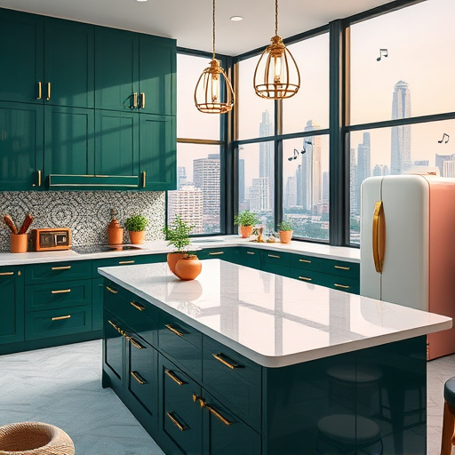 Alt Text: A captivating blog cover image for 'full service kitchen remodels' featuring an elegant Art Deco kitchen. The design showcases sleek emerald green cabinetry with warm gold accents, highlighting luxury. A large marble-topped kitchen island is decorated with gleaming utensils and vibrant herbs in ornate pots. The professional yet inviting atmosphere includes reflective surfaces, intricate decorative tiles on the backsplash, and playful details like a vintage radio with musical notes. A retro curved refrigerator in pastel colors adds quirky flair. Softly stylized urban skyline visible through large windows enhances natural light, complemented by a rich color palette of deep blues, soft pinks, and gold. The image embodies the charm and transformative potential of upscale kitchen renovations while celebrating Art Deco artistry.