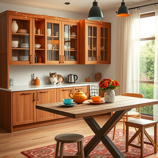A warm and inviting blog cover image featuring a modern kitchen adorned with elegantly crafted glass front cabinets, displaying an assortment of exquisite dishware and vibrant spices. The sleek cabinets have a rich wood finish, exuding sophistication and comfort. Delicate fairy lights glimmer above, adding a whimsical charm. In the foreground, a rustic wooden dining table is beautifully set with colorful dishes and a fresh flower bouquet, enhancing the cozy atmosphere. A playful cat, wearing a tiny chef's hat, is curled up on one of the cabinets, peeking over the edge with a humorous touch. A patterned floral rug lies beneath the table, complementing the dishware colors. The background showcases a large window with soft, sheer curtains that let in natural light, illuminating the kitchen and revealing hints of a vibrant garden outside, filled with flowers and greenery. The photorealistic style highlights rich textures, from the glossy glass cabinets to the soft fabric, creating a tangible, lived-in feel. The warm earth tones—creamy whites, gentle browns, and splashes of greenery—evoke a calm yet lively mood, embodying the joys of cooking and the comfort of home.
