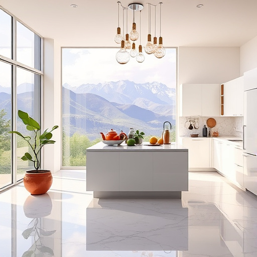 A serene contemporary kitchen in Millcreek, Utah, features large panoramic windows framing mountains. The soft pastel-colored walls complement a sleek, modern kitchen island that appears to float, adorned with vibrant fruits casting shadows on the polished marble floor. Above the island, whimsical, colorful kitchen utensils dance mid-air, adding playful curiosity. Diffused light creates a calm atmosphere, merging reflections of greenery outside with the interior. A giant, oddly-shaped potted plant spills over, its leaves curling around a vintage teapot, blending nostalgia with contemporary flair. Abstract cabinets animate as their doors open to reveal eclectic dishes that seem to float. Countertops sport a surreal array of spices and herbs labeled with oversized tags. An oversized lightbulb chandelier illuminates the space with a warm glow. In the background, stylized Utah mountains in purple and blue hues blend with the kitchen's color palette, while a dreamy sky features fluffy clouds shaped like kitchen appliances. This image encapsulates modern living, combining functionality with dreamlike aesthetics in a tranquil, creative setting.