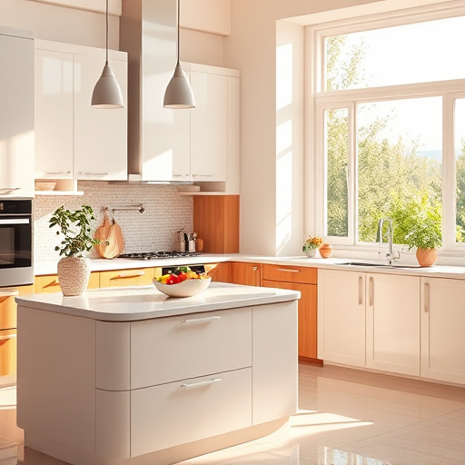 A hyperrealistic blog cover image showcasing an affordable kitchen remodeling theme. The modern kitchen features an elegant island with a sleek countertop and minimalist cabinets in soft white, accented by warm wood elements. High-quality gleaming appliances highlight affordability without sacrificing quality. Soft, warm lighting creates a comfortable ambiance, while potted herbs on the windowsill add an earthy touch. Colorful dishware is artfully arranged on open shelves, alongside a cheerful fruit bowl symbolizing abundance. A unique backsplash with a mosaic of tiny tiles introduces creativity. The background reveals a sun-drenched vista with lush greenery through an open window, enhancing the rejuvenating feel. The color palette combines soft pastels, earthy tones, and vibrant splashes, creating a harmonious, inviting atmosphere for readers dreaming of kitchen makeovers. The meticulous detail highlights textures and reflections while maintaining an uncluttered, peaceful scene.