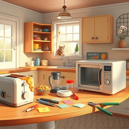 Cozy kitchen setting with a warm wooden countertop featuring various damaged appliances, including a toaster with a burnt edge, a blender missing its lid, and a microwave with a slightly ajar door. Nearby, a collection of toolkits, including a screwdriver and pliers, is nestled among colorful post-it notes adorned with doodles related to repair tips. The atmosphere is light-hearted and practical, accented by a curious cat peeking from behind a cabinet and a quirky plant with googly eyes on the windowsill. The color palette combines soft pastels with vibrant splashes, illuminated by sunlight streaming through a window, casting warm highlights. Vintage pendant lights hang from the ceiling, enhancing the nostalgic feel, while a slightly worn rug underfoot adds texture. This engaging composition emphasizes the theme of repairing kitchen appliances, celebrating the inventive and fun aspects of restoration with cheerful details.