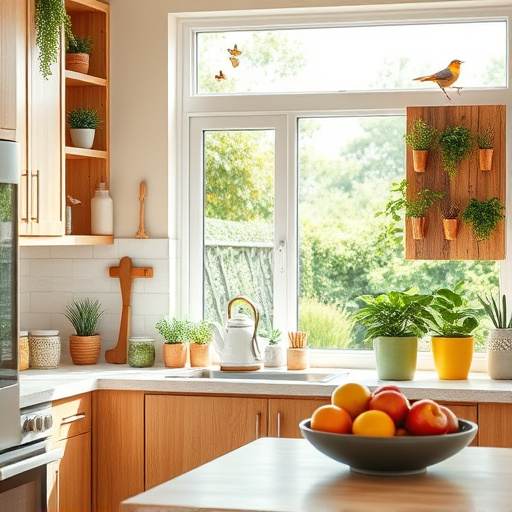 Hyperrealistic blog cover image of an eco-friendly kitchen, featuring bamboo cabinetry and recycled countertops. The kitchen showcases energy-efficient appliances within a soft earth tone palette of gentle greens, warm browns, and creamy beiges that create a calm atmosphere. A small potted herb garden adorns the windowsill, complemented by colorful glass jars filled with spices. A quirky wall-mounted vertical plant display made of reclaimed wood adds a creative touch. A vintage-style tea kettle and handmade ceramic dishware enhance the rustic charm. Natural light pours through a large window, illuminating a view of a lush garden with fluttering butterflies and perched birds, reinforcing the theme of sustainability. A vibrant fruit bowl filled with organic fruits provides a pop of color, while a small sign in the background subtly hints at an eco-conscious lifestyle. The overall mood of the image is serene and warm, inspiring comfort and creativity in sustainable living.