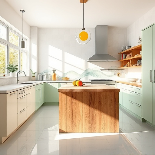 A vibrant blog cover image showcasing a beautifully organized kitchen in Draper, Utah, focused on “Kitchen Layout Optimization.” The kitchen features intricate clay pottery with geometric patterns from Pre-Columbian Art displayed on wooden shelves. Dominated by a bright turquoise color palette, the scene conveys a calming and inviting atmosphere. The layout combines modern functionality with traditional artistry, showcasing sleek, minimalist countertops, vibrant terracotta tiles, and potted succulents inspired by local Utah flora. Quirky details include a whimsical sun-shaped clock and a large wall mural of a stylized sun god, emphasizing harmony in organization and cooking. Natural light floods through windows, highlighting the well-planned layout and artistic decor, evoking warmth and comfort, appealing to readers seeking kitchen enhancement ideas while celebrating cultural artistry.