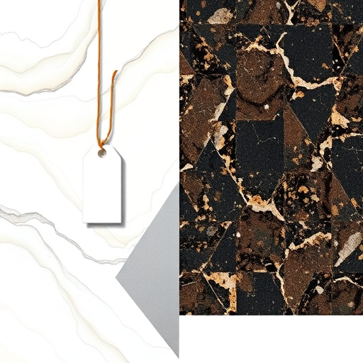 Alt text: A visually striking blog cover image for "Price Comparison: Quartz vs. Granite Countertops" in the style of Geometric Abstraction. The image features a juxtaposition of two distinct countertop materials, with the quartz side showcasing smooth, flowing lines in whites, creams, and soft grays, symbolizing elegance. The granite side bursts with angular shapes in rich, earthy tones of deep browns, blacks, and flecks of gold, evoking natural beauty. A stylized, oversized price tag hangs from the geometric quartz shape, while a quirky small calculator is tucked among the angular patterns on the granite side, indicating playful cost calculations. The background transitions from light in the quartz section to darker shades behind the granite, creating depth and movement. The harmonious color palette balances an airy feel on the quartz side with a grounded robustness on the granite side, engaging the audience in exploring the differences between these popular countertop choices.