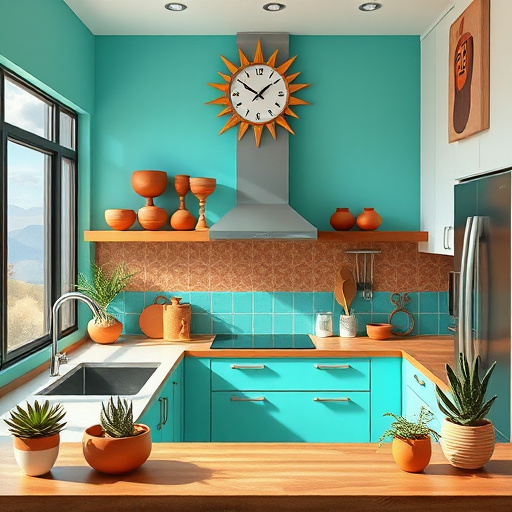 A vibrant kitchen remodeling scene featuring a spacious layout with sleek, minimalist cabinetry in soft pastel colors. The focal point is a rustic wooden island topped with elegant marble, illuminated by light streaming through large windows that create playful shadows on the glossy tiles. A whimsical pendant light, resembling a playful fruit, adds a quirky touch above the island. Open shelving along one wall displays an eclectic mix of colorful dishware and potted herbs, infusing character into the warm and inviting atmosphere. Soft greenery is visible outside, enhancing the cozy feel. Kitchen tools and vibrant cookbooks peek from the island and shelves, hinting at culinary adventures. An abstract wall mural of flowing waves or culinary motifs adds dynamic flair to the contemporary aesthetic. The bright color palette includes sage greens, soft pinks, and muted yellows, creating an uplifting ambiance that inspires creativity and a sense of home in kitchen remodeling.