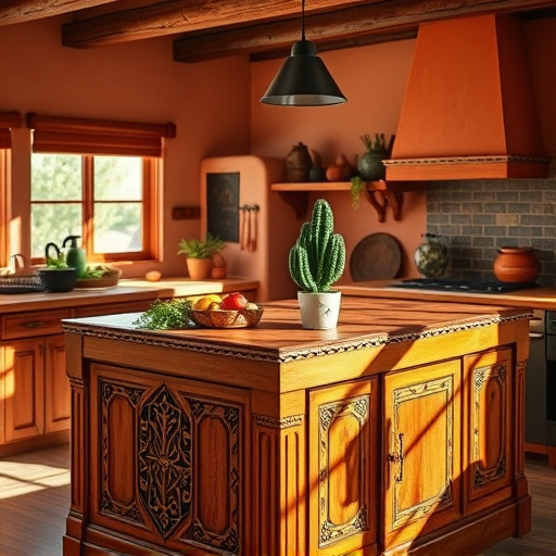 A vibrant kitchen scene themed around "Best Kitchen Remodelers South Jordan, Utah" infused with Pre-Columbian art style. The foreground showcases a beautifully remodeled kitchen featuring geometric-patterned cabinets and a striking backsplash adorned with stylized motifs of native plants and animals. Intricate pottery inspired by ancient designs decorates the countertops, blending functionality with artistic flair. The warm earth tone color palette includes deep ochres, terracotta reds, and verdant greens, creating an inviting atmosphere. Quirky anthropomorphic kitchen utensils, like a smiling spatula and cheerful wooden spoon, add a whimsical touch. In the background, sun-drenched windows framed with hanging herbs and lush plants evoke the lively energy of South Jordan, complemented by a playful interpretation of mountains seen through the glass, reminiscent of ancient landscapes. This captivating artwork embodies the essence of kitchen remodeling while celebrating cultural aesthetics.