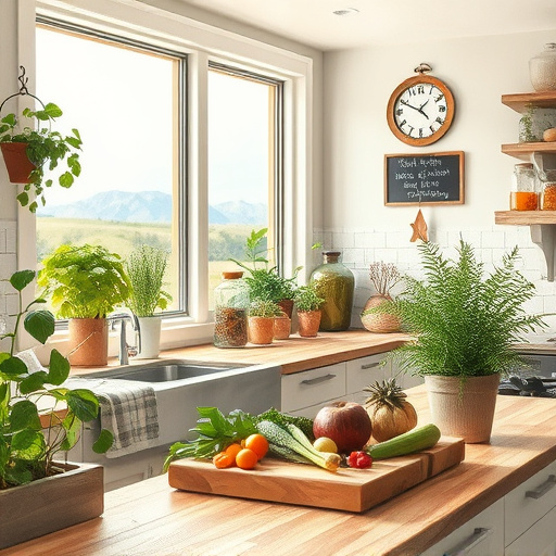Alt Text: A spacious eco-friendly kitchen remodel in Lehi, Utah, showcases vibrant greenery and natural materials. Sunlight streams through large windows, illuminating potted herbs like basil and rosemary. Reclaimed wood countertops with intricate grain patterns add warmth, while shelves lined with vintage glass jars filled with colorful spices complement organic produce on the butcher block. Lush ferns in the background frame a view of the Wasatch Mountains, enhancing the serene atmosphere. Whimsical details include a leaf-shaped wall clock and a chalkboard with a seasonal recipe, set against Impressionistic swirling brushstrokes. The color palette combines soft greens, warm browns, and bright fruit and vegetable hues, creating a lively yet harmonious environment focused on sustainable living.