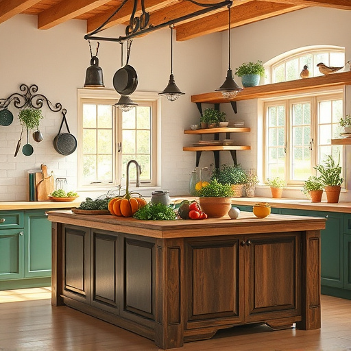 Alt text: A stunning blog cover image featuring a Rococo-style kitchen, adorned with intricately designed cabinetry showcasing curling vines and floral motifs. An ornate chandelier hangs from the ceiling, casting a warm glow over luxurious marble countertops with soft swirling patterns. The delicate backsplash is crafted from pastel-colored tiles reminiscent of classic Rococo art. The inviting atmosphere is enhanced by whimsical kitchen gadgets, including a vintage scale shaped like a bird and an exaggerated floral teapot, adding quirky personality. Large windows dressed in flowing pastel curtains allow soft sunlight to fill the room, complemented by lush potted plants with curled leaves for a touch of nature. The soft cream, blush pink, and gentle green color palette embodies tranquility and inspiration, appealing to readers interested in kitchen remodeling ideas.