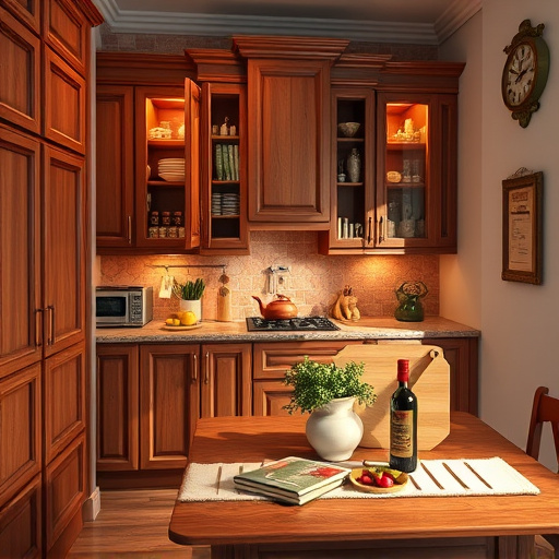 A photorealistic image of a contemporary kitchen remodel in Cottonwood Heights, Utah, featuring a spacious and elegantly designed kitchen with modern appliances and natural wood finishes. The open floor plan includes a large island centered in the room, adorned with fresh herbs in terra-cotta pots. Natural sunlight streams through expansive windows, illuminating the gleaming quartz countertops and a chic herringbone-patterned backsplash. In the background, a stunning view of the Wasatch Mountains is visible, enhancing the serene ambiance. Quirky details include hanging vintage pots and pans above the island and an oversized frying pan-shaped clock on the wall. The scene contains woven rugs under kitchen cabinets and vibrant ceramic canisters on the countertops, adding personality while maintaining a cohesive aesthetic. The color palette features soft earth tones of muted greens, warm whites, and gentle grays, creating a calm and inviting atmosphere suitable for family gatherings and culinary adventures.