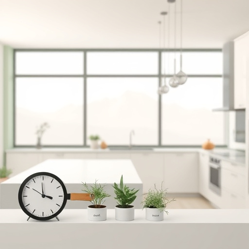 Alt text: "A high-end kitchen remodel in Sandy, Utah features a stunning marble island reflecting ambient light from minimalist pendant lamps. Surrounding elegant white cabinetry showcases clean lines and matte finishes. A delicate geometric tile backsplash contrasts with rich wooden accents, while potted herbs on the windowsill suggest a lively cooking atmosphere. A sleek espresso machine adds a touch for coffee lovers. The minimalist design emphasizes calm sophistication, enhanced by natural light from a large window revealing picturesque foothills. Vibrant kitchen utensils and colorful-spined cookbooks introduce personality, creating a serene yet stylish space for gourmet cooking."