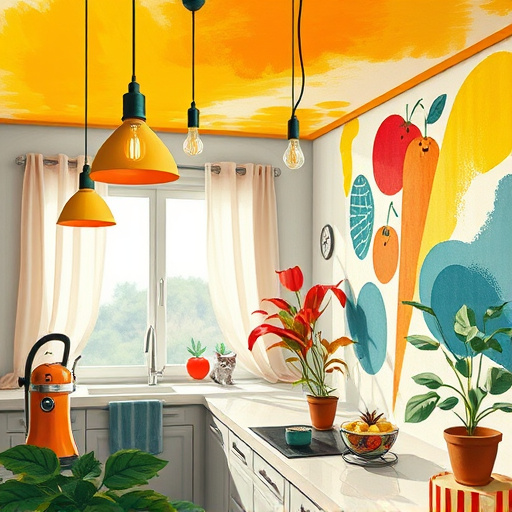 Cozy, sunlit kitchen showcasing a blend of old and new design elements, featuring a stunning island with dark granite countertops and modern bar stools with vintage charm. Distressed white and deep blue cabinets create an inviting atmosphere. Open shelving displays vibrant dishware and rustic wooden bowls. A playful cat peeks from behind a basket of fresh herbs on the windowsill, while a vintage whisk light fixture adds personality. Potted plants and a bright bouquet of sunflowers bring life and color to the space. Natural light streams through a large window, enhancing textures of wood and stone. The warm color palette includes muted greens, earthy browns, and soft golds, creating a serene environment for kitchen remodeling inspiration. A painted mural of a scenic vineyard is visible through the window, enriching the theme of home and culinary adventures.