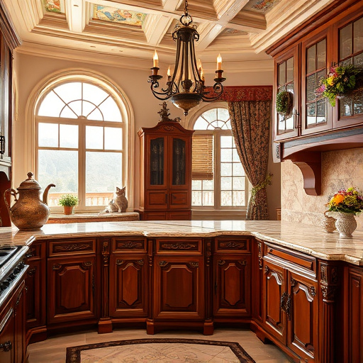 A vibrant blog cover image illustrating 'Traditional Kitchen Remodeling' features a cozy kitchen blending rustic and contemporary elements. It showcases warm wooden cabinets with intricate carvings, polished granite countertops in soft earth tones, and gleaming vintage brass fixtures. A charming farmhouse sink is complemented by a whimsical herb garden in pots on the windowsill, creating a nurturing atmosphere. Mismatched vintage plates hang decoratively on the wall, adding character and nostalgia. The mood is warm and welcoming, with a playful cat lounging on the sunny windowsill and a dog peeking around a corner, enhancing the kitchen's liveliness. Quirky details include a childhood drawing pinned to the fridge, a shiny red mixer basking in soft sunlight, and an open cookbook showcasing a colorful recipe, hinting at culinary creativity. Softly painted pastel walls in pale mint or sky blue create an uplifting backdrop, while the floor features wide-plank wood mixed with decorative tiles, reflecting a blend of old and new. The ConceptualArt style captures these elements with abstract textures and a warm neutral color palette accented by cheerful hues, inviting viewers to experience the comfort and timelessness of a traditional kitchen remodel.